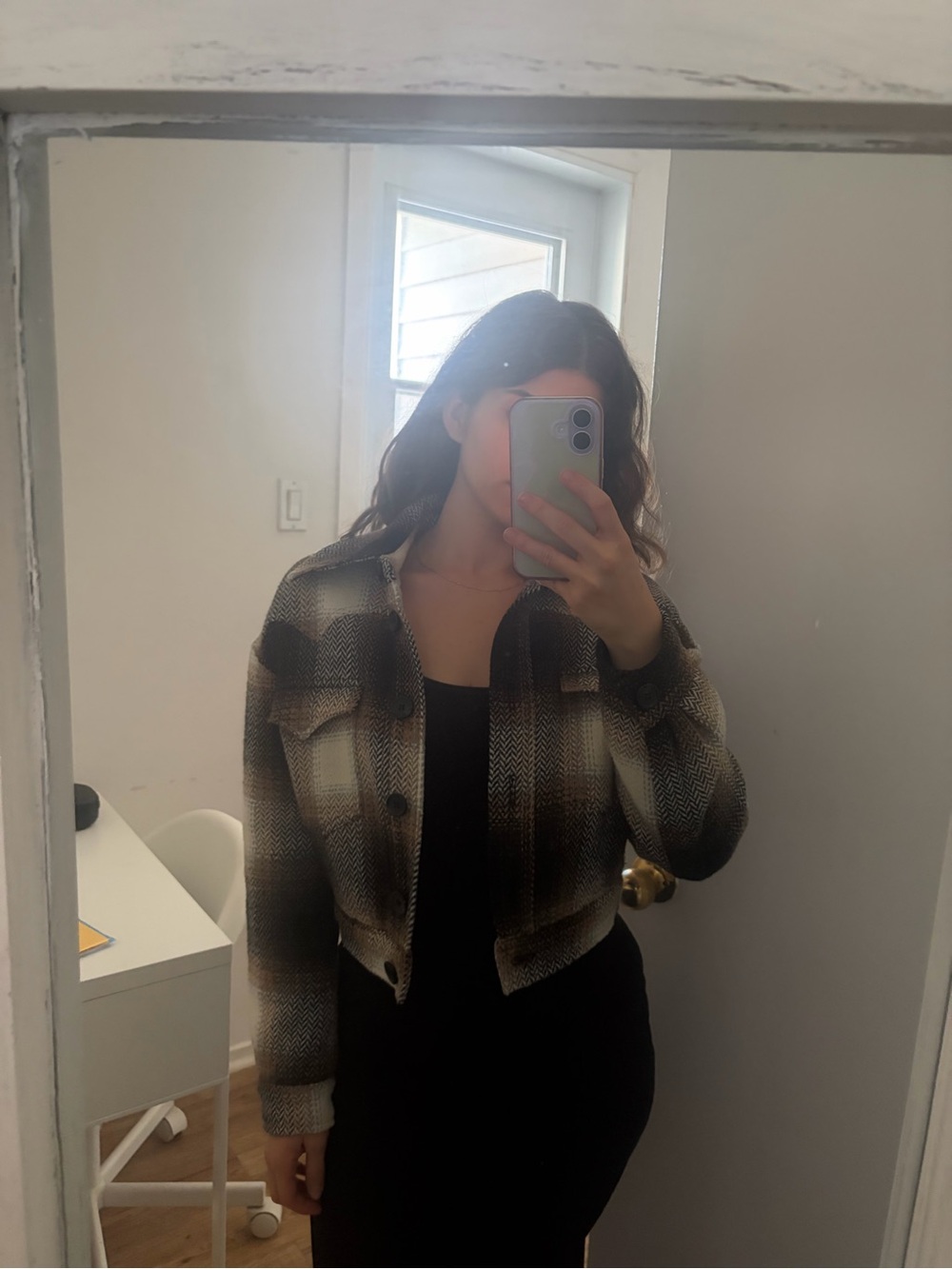 Avec Les Filles Cropped Plaid Jacket in Brown & Cream